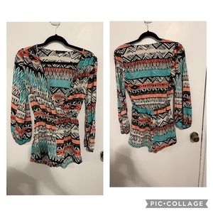 UK2LA black, white, pink and turquoise romper with cut out arms, size S